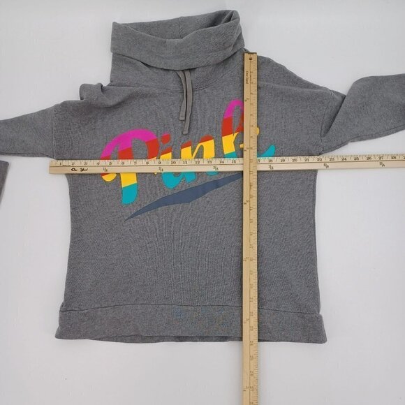 Pink VS Rainbow Spellout Funnel Neck Sweatshirt Gray Boxy Preppy Lounge Wear S - Picture 7 of 7